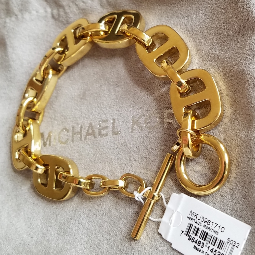 Michael Kors Heritage Maritime Chain Link Toggle Bracelet Gold Tone Heavy NWT - Picture 13 of 15